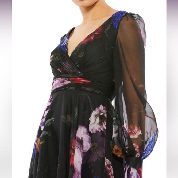 Mac Duggal Black Floral Print Chiffon Long Sleeve Maxi Dress 67872 Women’s Sz 6 - Picture 3 of 9